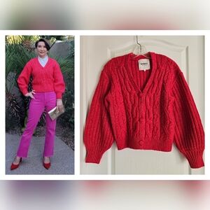 EUC &Mercy Red Cable Knit V-Neck Balloon Sleeves Sweater Cardigan, Size S